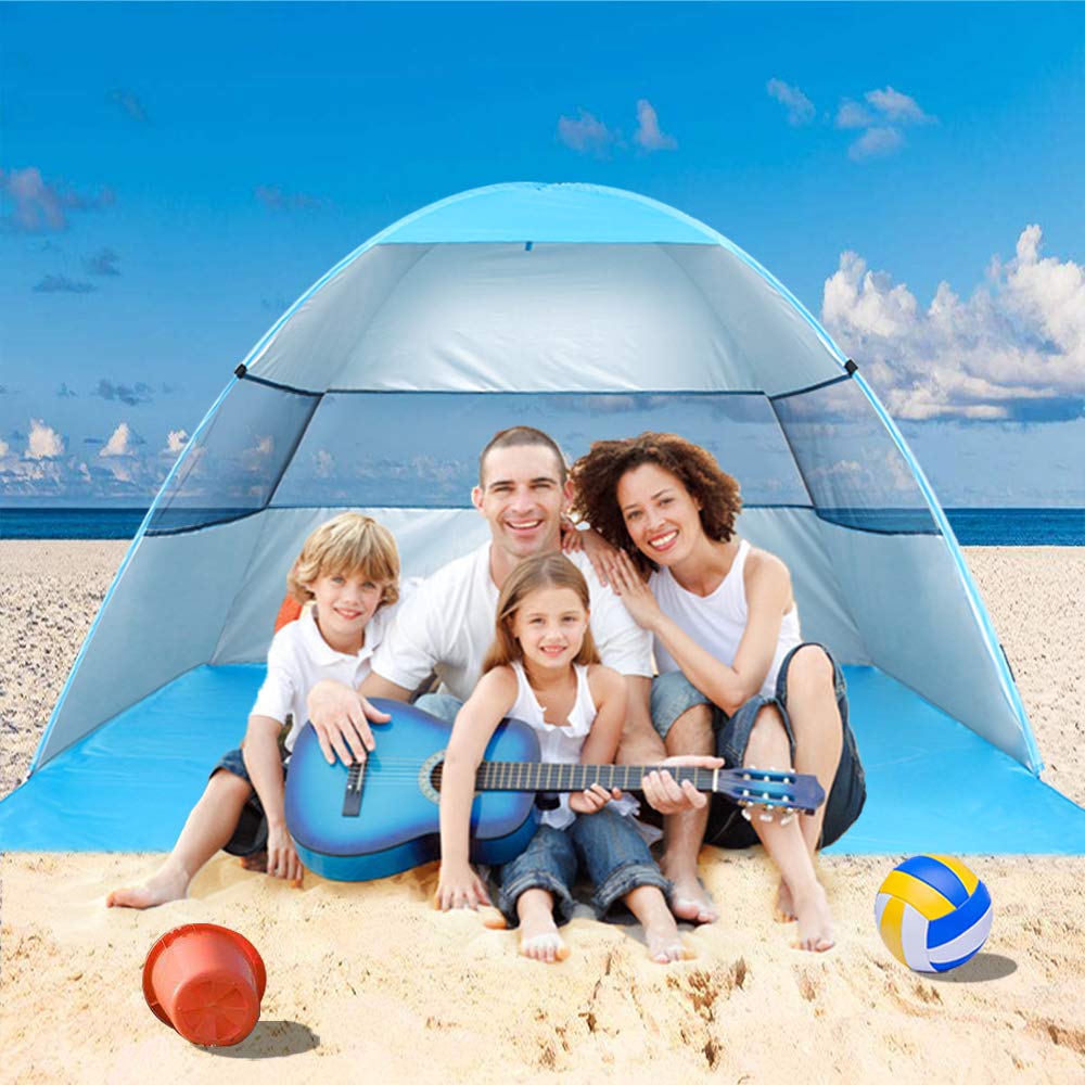 Beach Tent Pop Up Sun Shelter Plus Cabana Automatic Canopy Shade Portable UV Protection Easy Setup with Carry Bag for Outdoor 3 or 4 Person (Blue)