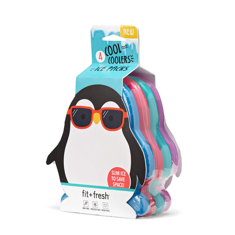 Fit & Fresh Cool Coolers, Slim Ice Packs for Lunch Boxes, Bags and Coolers,  Penguin Shapes for Kids, Set of 4, Multicolored