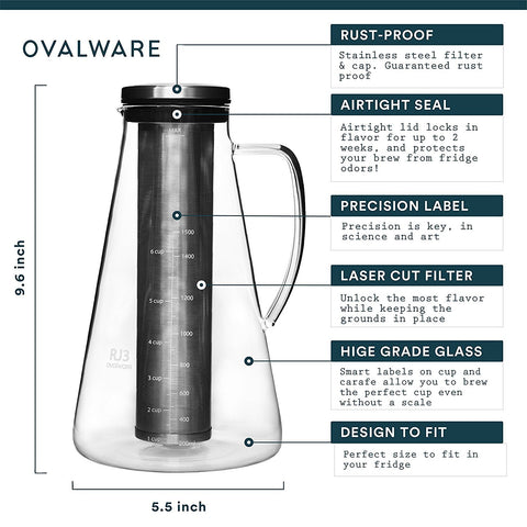 Airtight Cold Brew Iced Coffee Maker (& Iced Tea Maker) with Spout - 1.5L/51oz Ovalware RJ3 Brewing Glass Carafe with Removable Stainless Steel Filter
