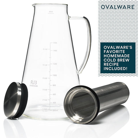 Airtight Cold Brew Iced Coffee Maker (& Iced Tea Maker) with Spout - 1.5L/51oz Ovalware RJ3 Brewing Glass Carafe with Removable Stainless Steel Filter