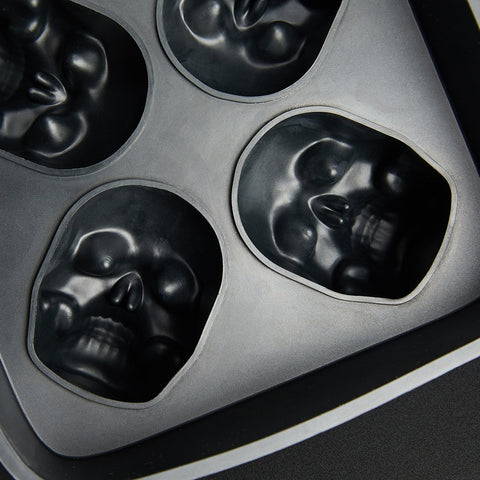3D Skull Flexible Silicone Ice Cube Mold Tray, Makes Four Giant Skulls, Round Ice Cube Maker, Black- Pack of 1