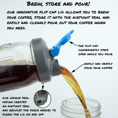 Cold Brew Coffee Maker with Flip Cap Lid - 2 Quart - Make Amazing Cold Brew Coffee and Tea with this Durable Mason Jar and Stainless Steel Filter