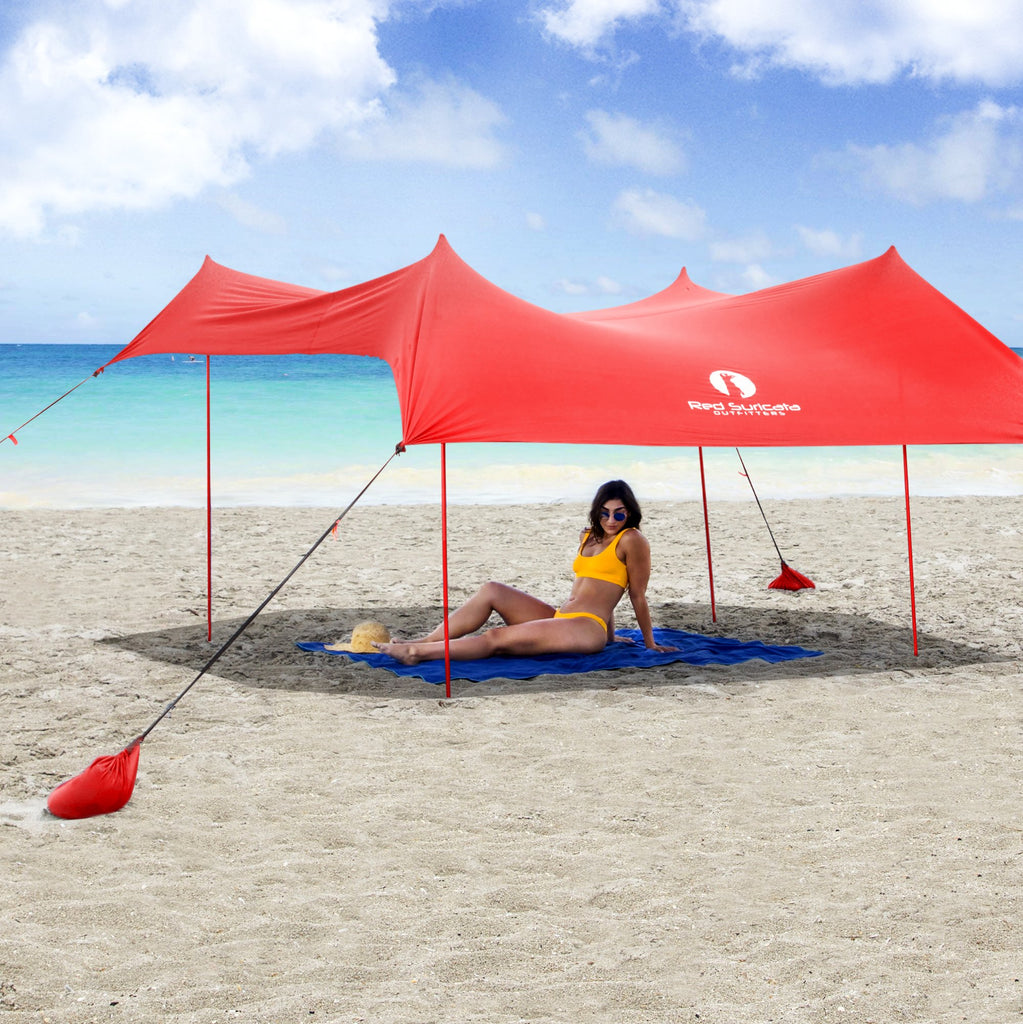 Red Suricata Family Beach Sunshade - UPF50 UV Protection, Beach Shade Tent with 4 Lightweight Aluminum Poles, 4 Sandbag Anchors | Portable Sun Shelter