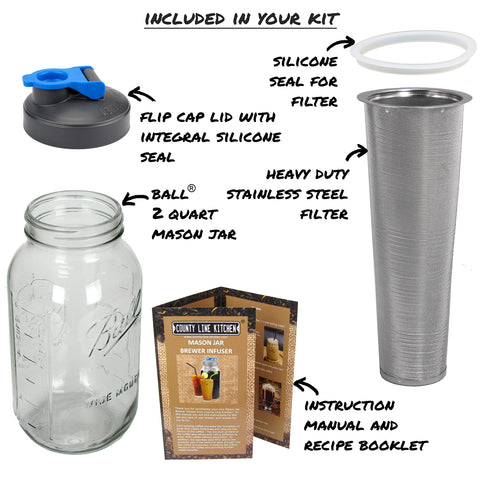 Cold Brew Coffee Maker with Flip Cap Lid - 2 Quart - Make Amazing Cold Brew Coffee and Tea with this Durable Mason Jar and Stainless Steel Filter
