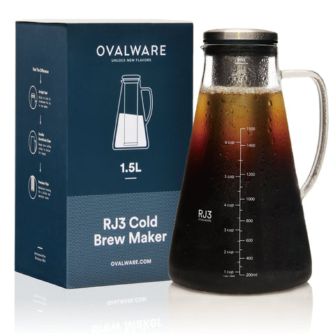 Airtight Cold Brew Iced Coffee Maker (& Iced Tea Maker) with Spout - 1.5L/51oz Ovalware RJ3 Brewing Glass Carafe with Removable Stainless Steel Filter