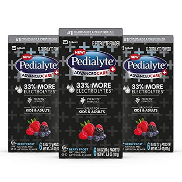 Pedialyte AdvancedCare Plus Electrolyte Powder, with 33% More Electrolytes and  PreActiv Prebiotics, Berry Frost, Powder Packets, 0.6 oz (18 Count)