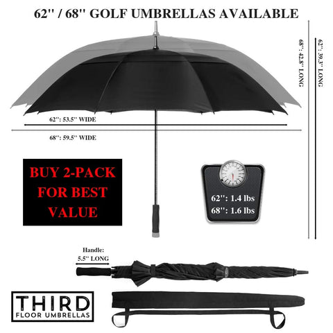 Third Floor Umbrellas 62/68 Inch Automatic Open Golf Umbrella - Extra Large Vented Windproof Waterproof Sturdy Double Canopy