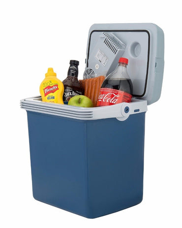 Electric Cooler and Warmer for Car and Home with Automatic Locking Handle - 34 Quart - Holds 30 Cans - Dual 110V AC House and 12V DC Vehicle Plugs