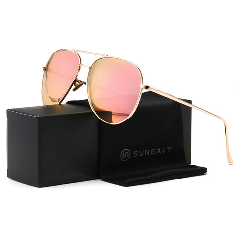 SUNGAIT Women's Lightweight Oversized Aviator sunglasses - Mirrored Polarized Lens (Light-Gold Frame/Pink Mirror Lens, 60)1603JKF