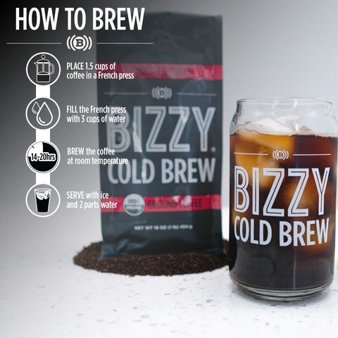 Bizzy Organic Cold Brew Coffee - Smooth & Sweet Blend - Coarse Ground Coffee - 16 oz