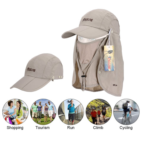 ICOLOR 360° Protection Folding Sun Hat, Men Women UPF 50+, Removable Neck & Face Flap Cover Caps for Baseball, Hiking, Fishing, Camping (Khaki)