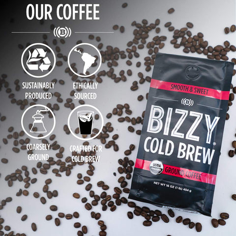 Bizzy Organic Cold Brew Coffee - Smooth & Sweet Blend - Coarse Ground Coffee - 16 oz