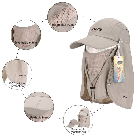 ICOLOR 360° Protection Folding Sun Hat, Men Women UPF 50+, Removable Neck & Face Flap Cover Caps for Baseball, Hiking, Fishing, Camping (Khaki)