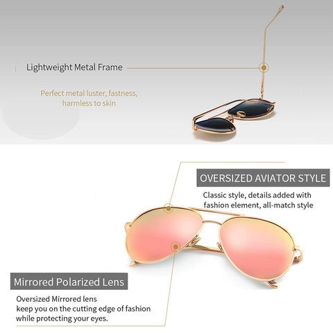 SUNGAIT Women's Lightweight Oversized Aviator sunglasses - Mirrored Polarized Lens (Light-Gold Frame/Pink Mirror Lens, 60)1603JKF
