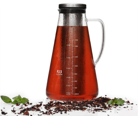 Airtight Cold Brew Iced Coffee Maker (& Iced Tea Maker) with Spout - 1.5L/51oz Ovalware RJ3 Brewing Glass Carafe with Removable Stainless Steel Filter