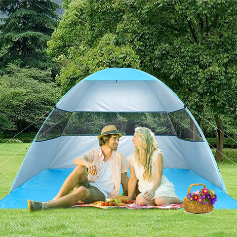 Beach Tent Pop Up Sun Shelter Plus Cabana Automatic Canopy Shade Portable UV Protection Easy Setup with Carry Bag for Outdoor 3 or 4 Person (Blue)