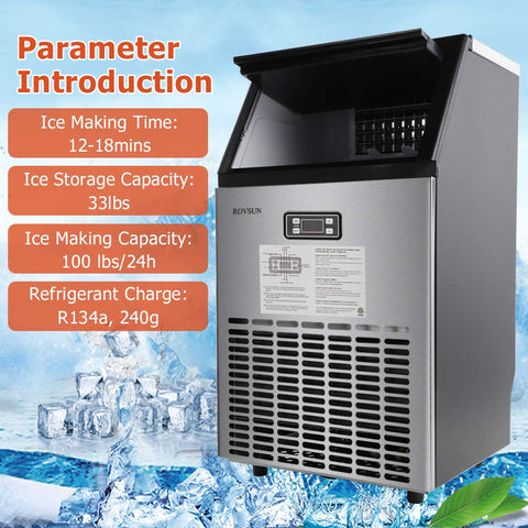 Commercial Ice Maker Built-In SS Under counter / Freestanding for Restaurant Bar, 33lbs Storage,100lbs/24h,5 Accessories, 18"Lx16"Wx31"H, 115V,USA
