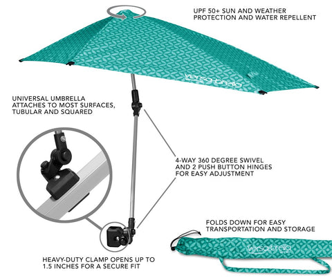 Sport-Brella Versa-Brella SPF 50+ Adjustable Umbrella with Universal Clamp, Regular, Turquoise