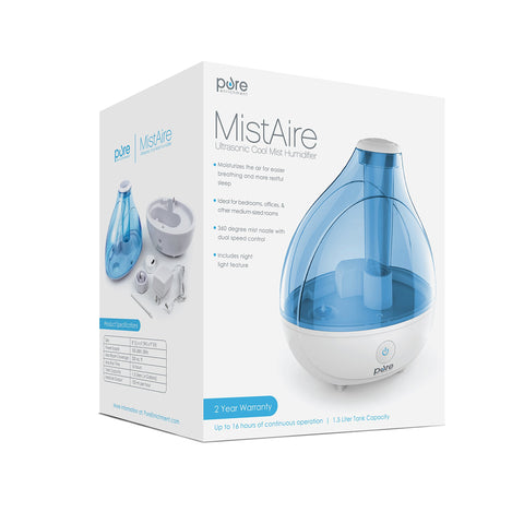 Pure Enrichment Ultrasonic Cool Mist Humidifier - 1.5L Water Tank, Quiet Operation, Automatic Shut-Off and Night Light Function - Lasts Up to 16 Hours