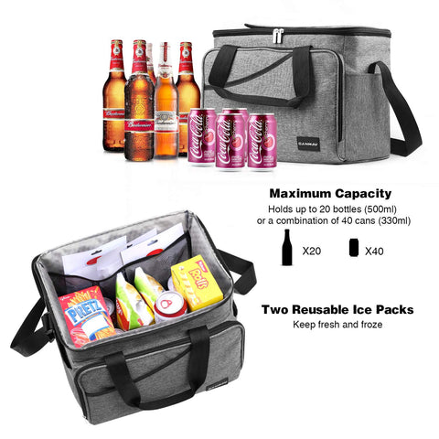 CANWAY Cooler Bag 40-Can Large, Insulated Soft Sided Cooler Bag with 2 Ice Packs for Outdoor Travel Hiking Beach Picnic BBQ Party, Gray