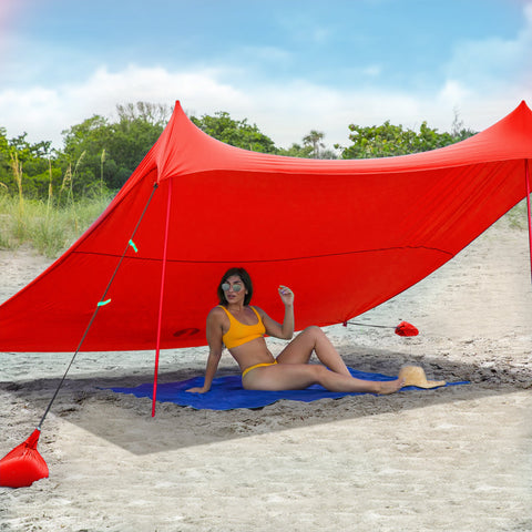 Red Suricata Family Beach Sunshade - UPF50 UV Protection, Beach Shade Tent with 4 Lightweight Aluminum Poles, 4 Sandbag Anchors | Portable Sun Shelter