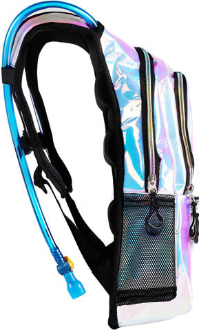 Sojourner Rave Hydration Pack Backpack - 2L Water Bladder Included for Festivals, Raves, Hiking, Biking, Climbing, Running, Etc (Holographic - Blue)