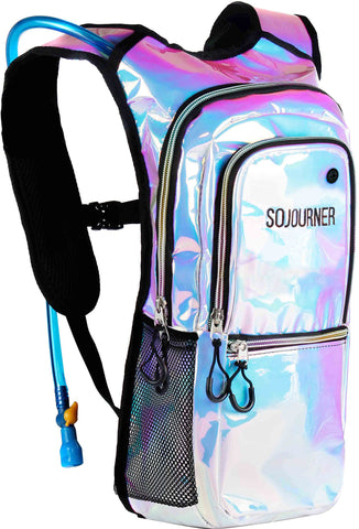 Sojourner Rave Hydration Pack Backpack - 2L Water Bladder Included for Festivals, Raves, Hiking, Biking, Climbing, Running, Etc (Holographic - Blue)